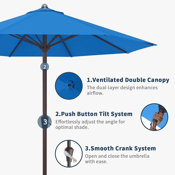 9FT Patio Umbrella with Fiberglass Ribs, Outdoor Market Table Umbrella with Crank and Tilt, UV Resistant Waterproof Canopy for Patio, Garden, Deck, Pool, Royal Blue