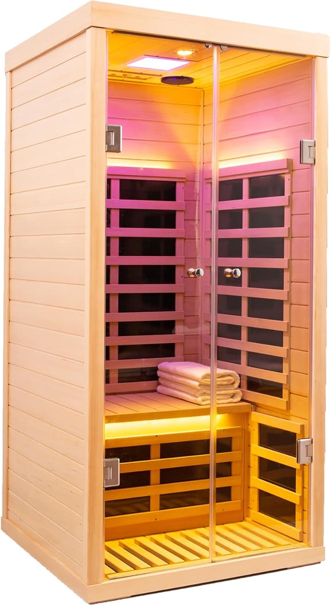 Hemlock 1 Person Infrared Sauna for Home, Luxury Personal Indoor Sauna Spa, 1420w/120v Ultra Low EMF Infrared Sauna, App&LCD Panel Controls, Bluetooth Speakers, Chromotherapy Lights, Reading