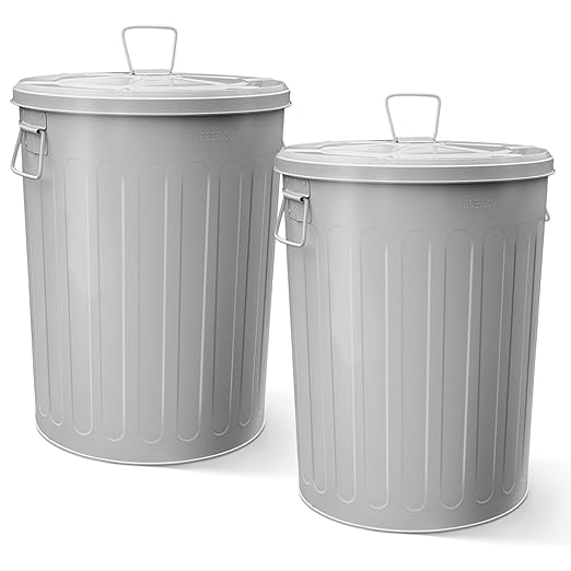 Plexon Large Metal Trash Can with Lid 20 Gallon, Decorative Outdoor Trash Can Heavy Duty Galvanized Metal Bucket with Lid for Garage Workshop Ash Storage Farmhouse, Gray 2 Pack