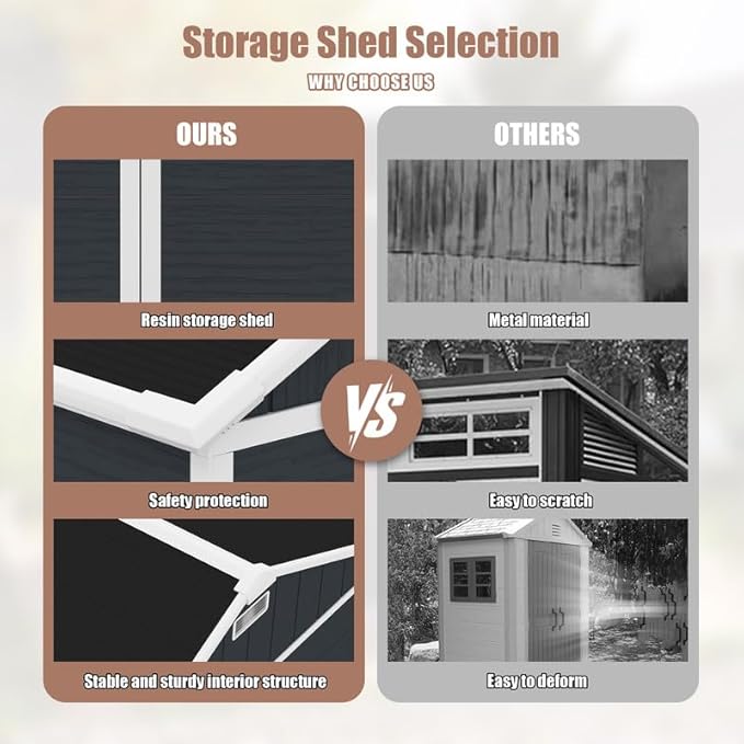 8x7 FT Resin Outdoor Storage Shed with Floor and Window, Outside Waterproof Plastic Garden Sheds w/Lockable Door & Vents, All-Weather Tool House for Patio, Backyard, Lawn, Dark Gray