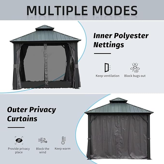 Domi 8’ X 8’ Hardtop Gazebo Canopy with Netting & Curtains, Outdoor Gazebo with Galvanized Steel Double Roof for Patio Lawn and Garden, Gray