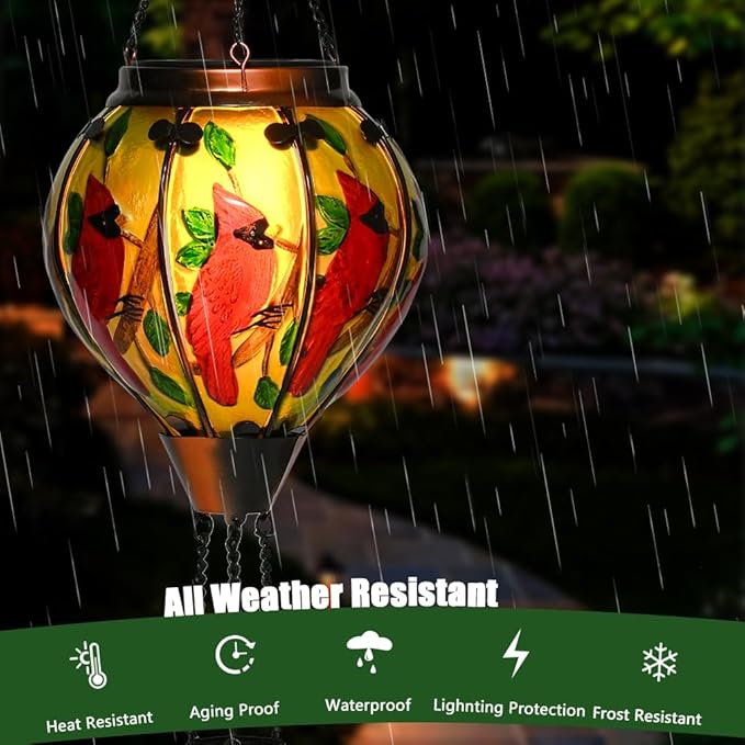 Hot Air Balloon Solar Lantern - Large Cardinal Bird Glass Lantern, Simulated Flickering & Dancing Flame, Big Outdoor Hanging Yard Light Waterproof IP65 for Patio Lawn Porch Decor Gift