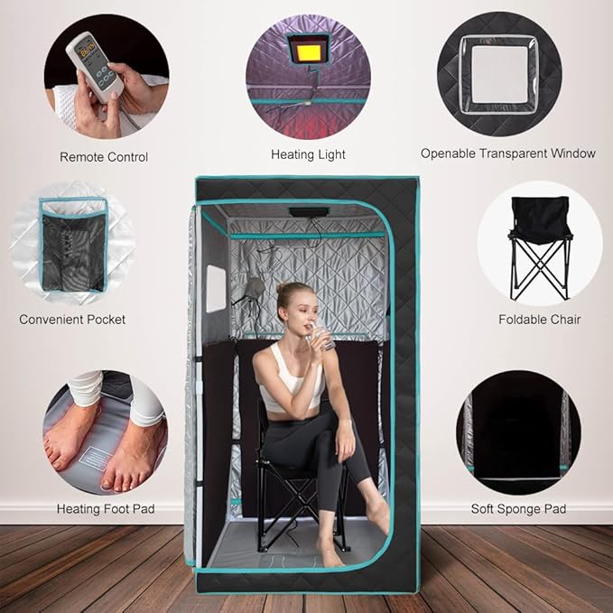 Smartmak Portable Infrared Sauna Box with 660nm Red Light Therapy Lamp for Home, Personal Indoor Full Body Dry Sauna Spa Tent, Relax Saunas with 6 Heaters, Heated Foot Pad, Remote, Chair, Blackgreen