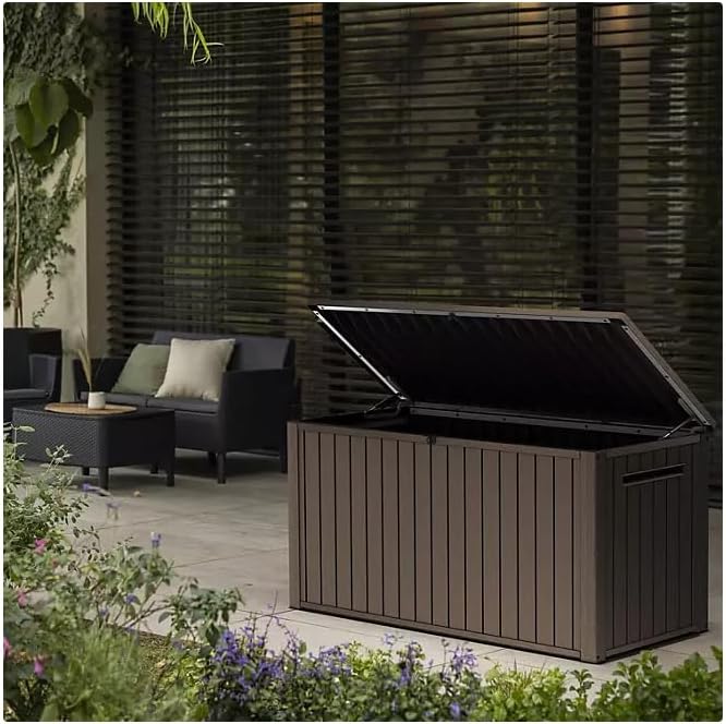 Stylish Indoor/Outdoor Storage Deck Box,Resin,Large Capacity, Weather-Resistant, Lockable lid and Side handles. (Brown, 170 Gallon)