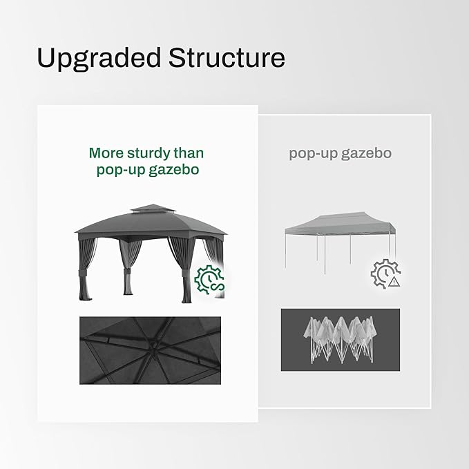 Heavy Duty Gazebo, 11 x 13 Ft Outdoor Patio Pavilion with Galvanized Steel Metal Frame and Double Roof, Curtain and Netting Included, for Outside, Garden, Yard & Lawn
