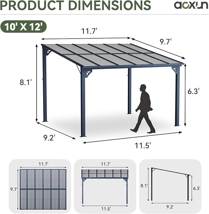 Aoxun 10' x 12' Gazebo for Patio, Gazebo Pergola with Sloped Roof, Large Wall-Mounted Heavy Duty Awnings, for Backyard, Deck, Patio
