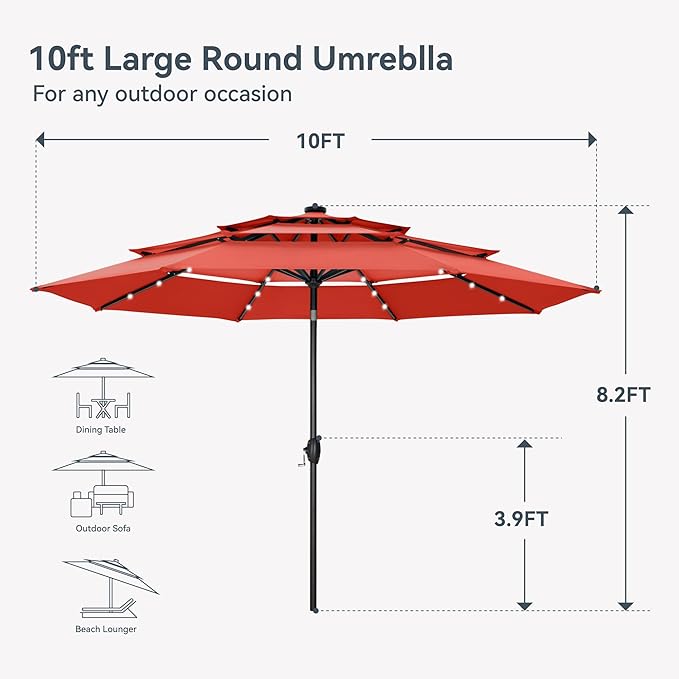PHI VILLA 10ft Patio Umbrella with Light, Outdoor Large Auto-Tilt 3 Tier Market Table Umbrellas with 8 Sturdy Ribs and 1.5" Pole for Lawn Poolside Garden Terrace, Orange Red