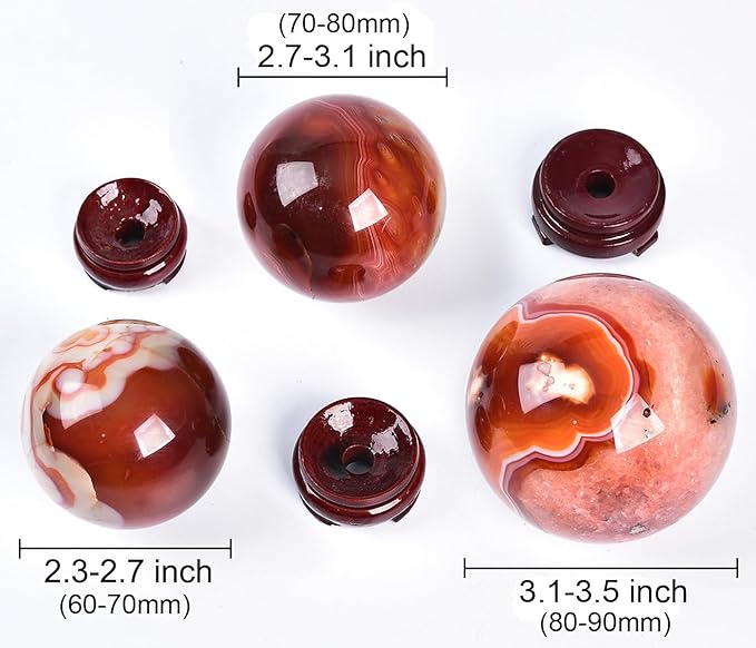 JIC Gem Natural Red Agate Crystal Ball Round Healing Crystals Decorative Sphere with Wooden Stand Meditation Home Decor 2.3-2.7 inch (60-70mm)