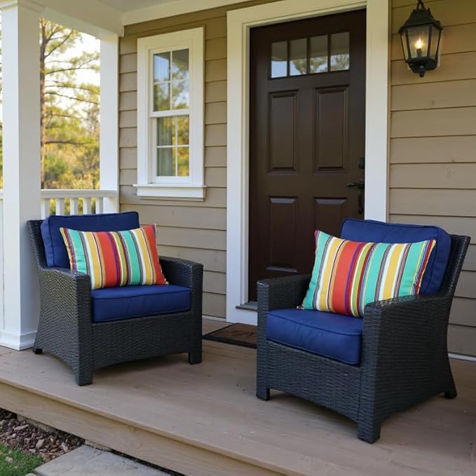 RSH Decor Lumbar Throw Pillows Set of 4 – 20″ × 12″ Outdoor Lumbar Cushions in Bright Stripes – All-Weather Spun Fabric, Water & Fade-Resistant – Made in USA for Patio Furniture