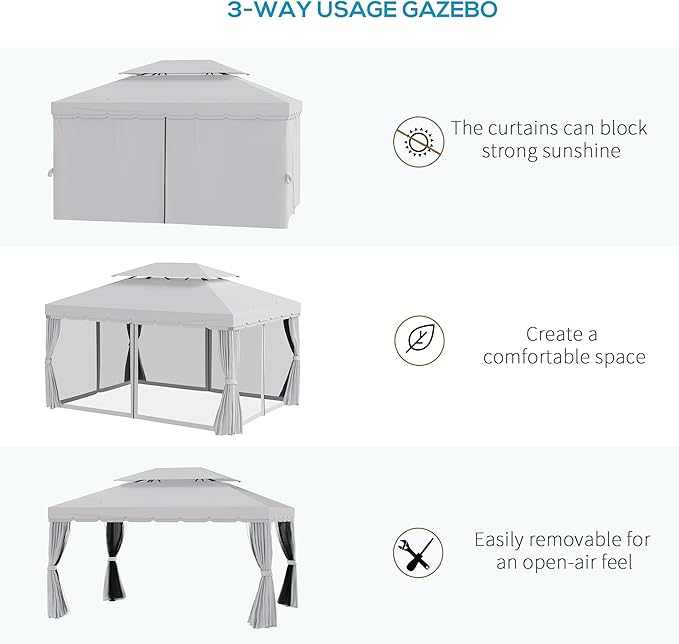 Outsunny 10' x 13' Patio Gazebo, Outdoor Gazebo Canopy Shelter with Netting and Curtains, Aluminum Frame for Garden, Lawn, Backyard and Deck, Light Gray