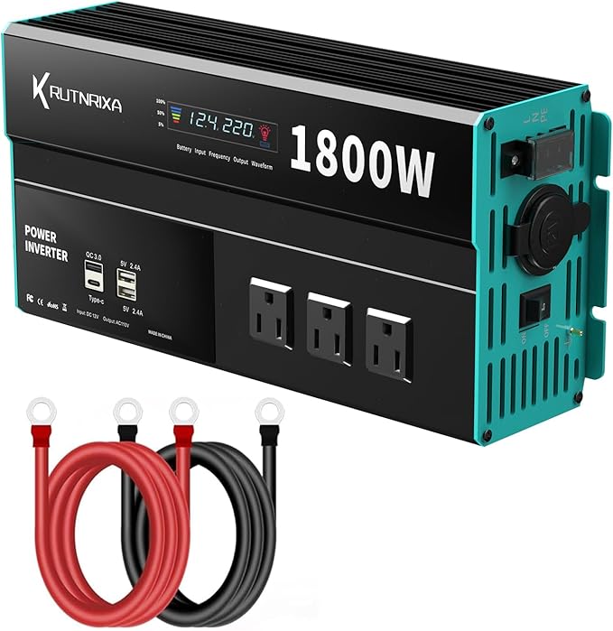 Power Inverters 12V DC to 110V AC Converter for Vehicles USB-C/PD 25W Fast Charging Ports Car Charger Adapter with a Cigarette Lighter Ports Plug Outlet (Modified sine wave-1800W)