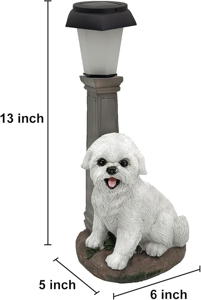 Solar Dog Garden Statues with Lantern, Resin Bichon Dog Sculpture with Warm White Light for Outside Lawn Porch Patio