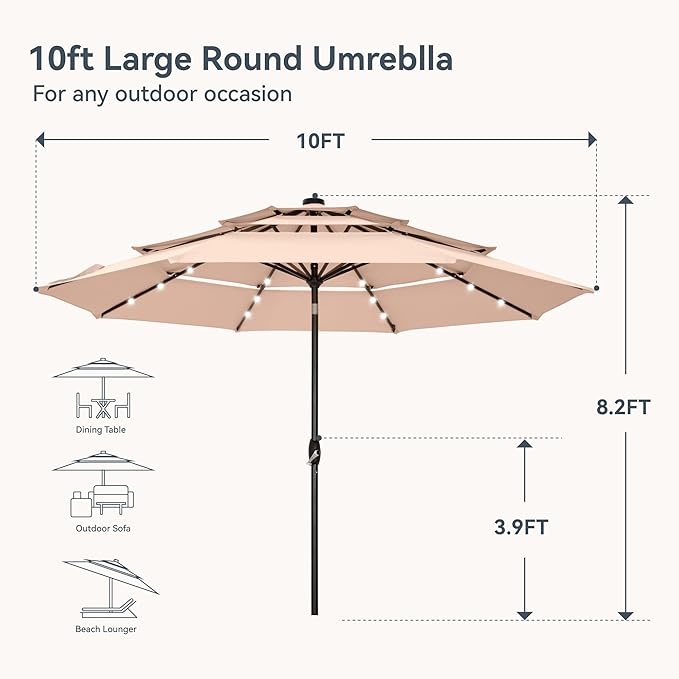 PHI VILLA 10ft Patio Umbrella with Solar Lights, Outdoor 3 Tier Vented Large Market Table Umbrella with 8 Sturdy Ribs and 1.5" Umbrellla Pole for Lawn Poolside Garden Terrace, Beige