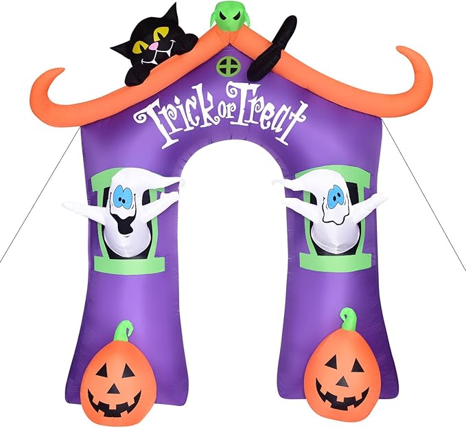 Haunted Hill Farm 9-Ft. Pre-Lit Trick or Treat Walkway Arch Inflatable Yard Decor with Black Cat, Jack-O-Lantern, and Ghost, Halloween Outdoor Blow-Up, Festive Outdoor Decorations for Patio and Yard