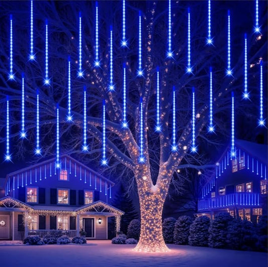 PEMOTech Christmas Lights Outdoor, [Timing Function] 24tubes 30cm 576 Led Meteor Shower Lights, Waterproof Christmas Decorations Icicle Light for ChristmasTrees Halloween Party, Ul Plug,Blue