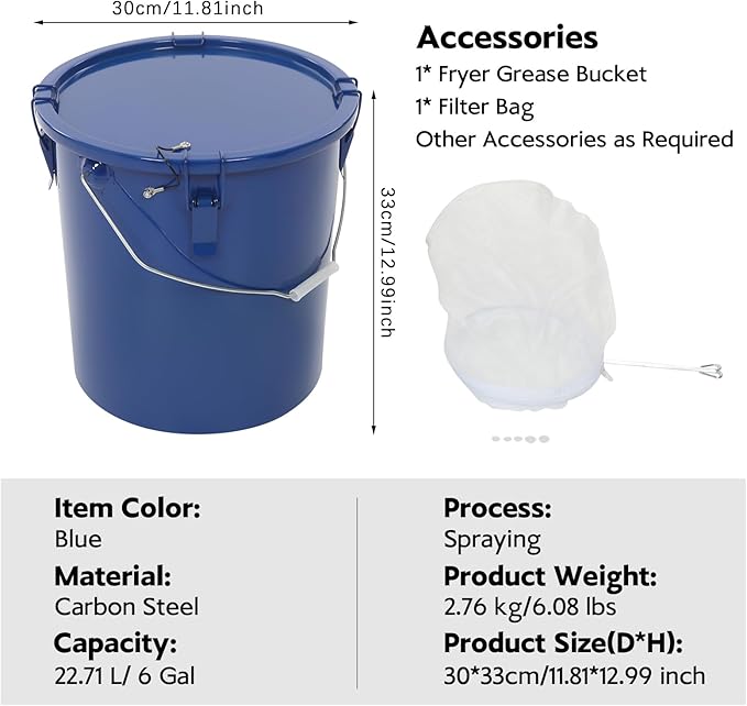 6 Gallon Commercial Fryer Oil Bucket with Lid, Fryer Grease Bucket, Coated Carbon Steel Fryer Oil Container with Rubber Seal, Rustproof, Leakproof, Filter Bag for Hot Cooking Oil Filteringm, Blue