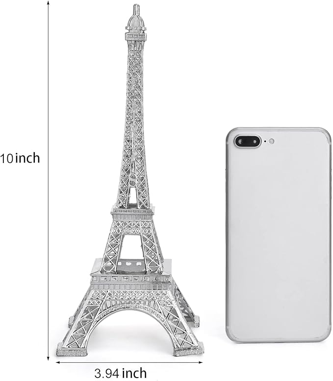 ESHATO Silver Metal Eiffel Tower Statue, 10inch Decorative Figurine Replica Stand Holder for Cake Topper Table Decor Gift Party Home Decoration