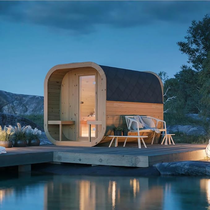 ZONEMEL Customize Outdoor Steam Square Sauna for 4-8 Person, Canadian Pine/Hemlock/Cedar, Porch Option, Window Selection, Wood Burning Stove (0-195 °F)