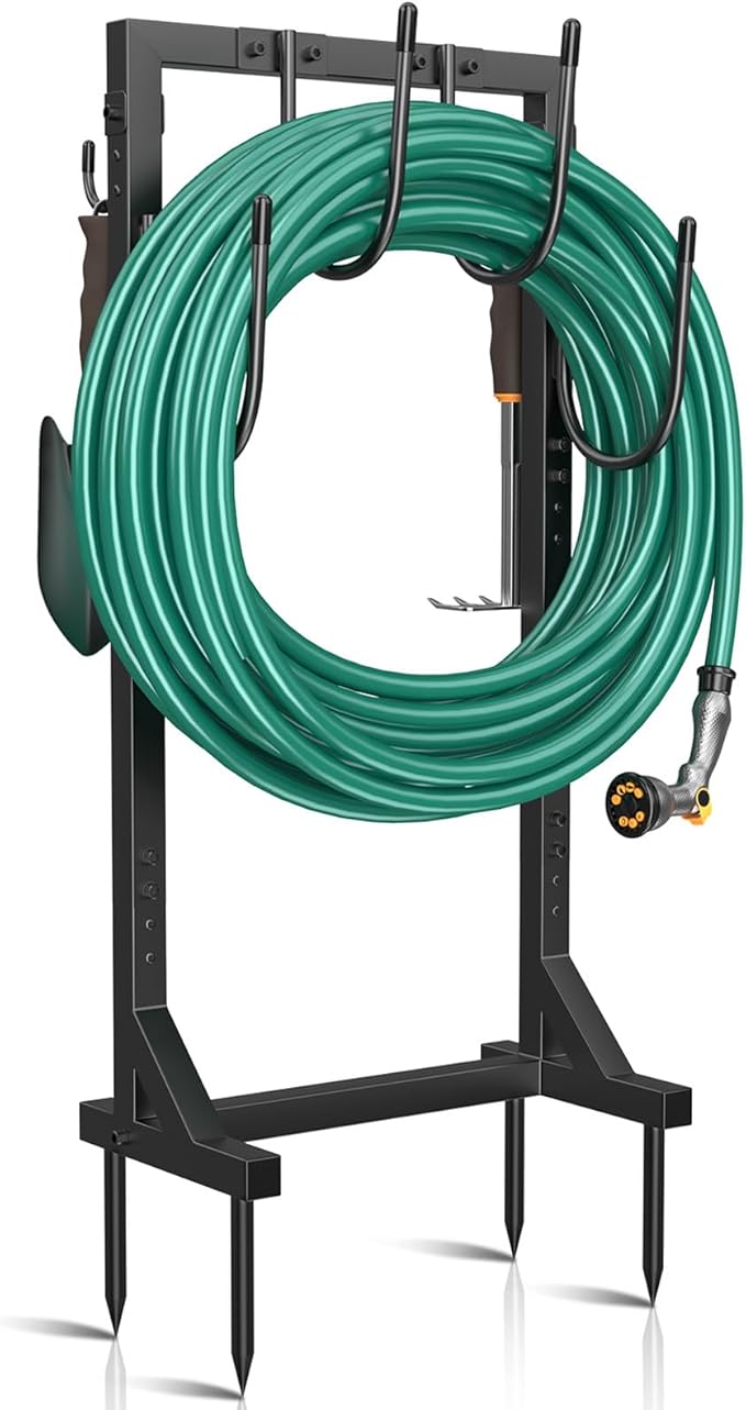 Garden Hose Holder Water Hose Holder with 4 Spikes, Freestanding Hose Hanger Outdoor Hold Stand Heavy Duty 6 Hooks Metal Garden Hose Storage Hose Reel Rack for Outside (Black)