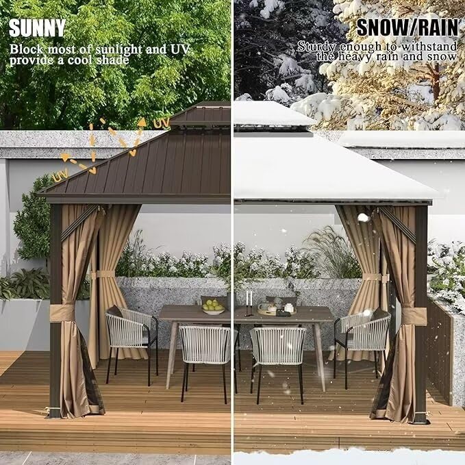 Domi 12'x14' Hardtop Gazebo Canopy Metal,Outdoor Metal Gazebo with Galvanized Steel Double Roof,Curtain and Netting,Permanent Gazebo Pavilion for Patio Deck,Backyard
