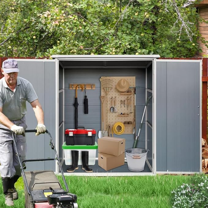 5x3 FT Resin Outdoor Storage Shed with Floor, Waterproof Resin Cabinet with Lockable Door, Outside Plastic Tool Garden Sheds for Backyard Lawn Patio Furniture, Bikes, Accessories, Gray