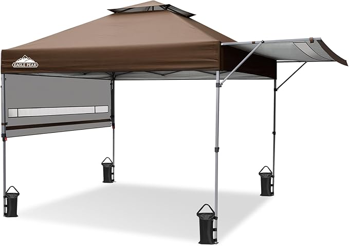 EAGLE PEAK 17x10 Pop up Gazebo Canopy Tent Outdoor Instant Canopy Shelter with Adjustable Dual Half Awnings (Brown)