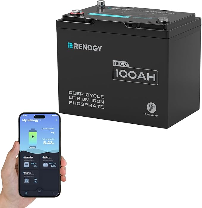 Renogy 12V 100Ah Trolling Motor LiFePO4 Lithium Battery, Bluetooth & 100A BMS, IP67 Waterproof, Group 24 Deep Cycle Battery for Marine, Boat, RV, Off-Grid Backup
