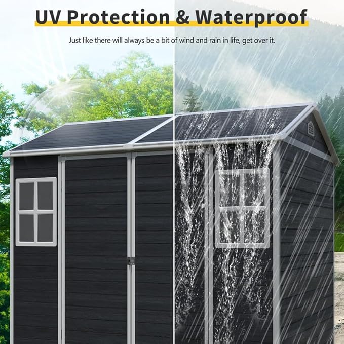 8x6 FT Resin Outdoor Storage Shed with Floor and 2 Windows, Outside Plastic Sheds Storage Clearance w/Lockable Door, Backyard Garden Tool House for Patio, Yard, Lawn, Bike, Black