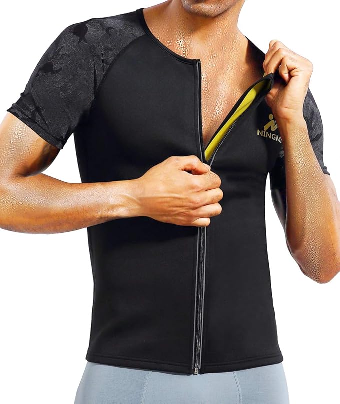 NINGMI Sauna Suit for Men Hot Sweat Suit Sauna Shirt Sweat Body Shaper Workout Neoprene Suit Zipper Short Sleeve