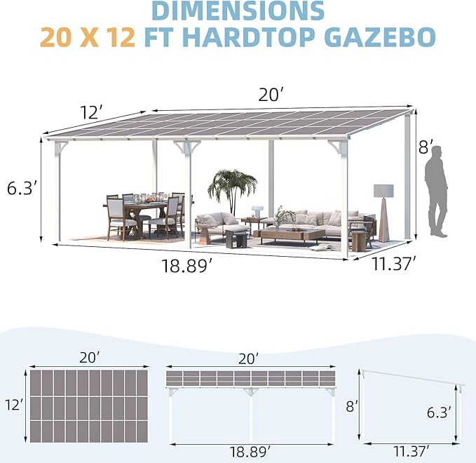 AECOJOY 20' x 12' Gazebo in White, Large Wall Mounted Gazebos on Clearance, Outdoor Patio Lean to Gazebo Metal Awnings for Decks,Patio, Porch, Backyard and More