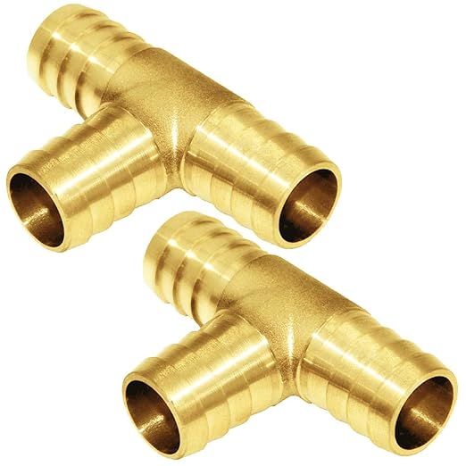 Joywayus 1/2" Brass Barb Tee Fittings T-Shaped 3 Ways Union 1/2" Hose Barb Pipe Fitting with 6pcs Stainless Steel Pipe Clamp for Water/Fuel/Air (Pack of 2)