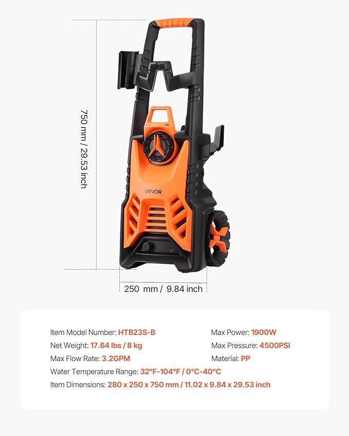 VEVOR Electric Pressure Washer, Max 4500 PSI and 3.2 GPM, High Power Pressure Cleaning Machine with 4 Quick Connect Nozzles and a Foam Cannon, Ideal for Cars/Fences/Driveways/Patios/Home Cleaning