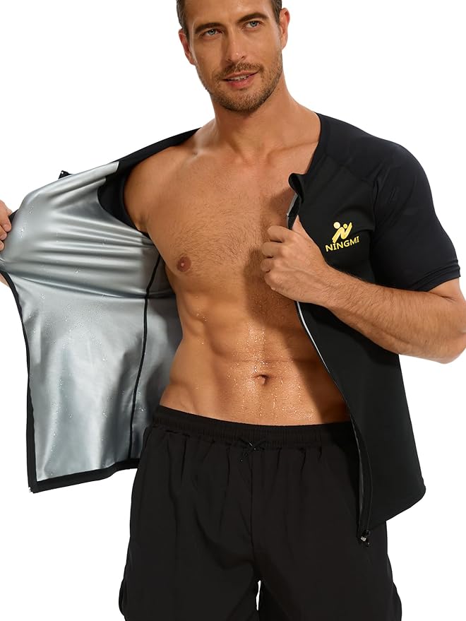 NINGMI Sauna Suit for Men Hot Sweat Suit Sauna Shirt Sweat Body Shaper Workout Neoprene Suit Zipper Short Sleeve