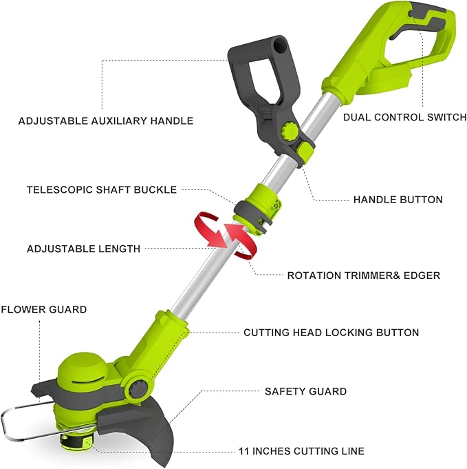 12 Inch String Trimmer Cordless, 21V Electric Weed Wacker with 2.0Ah Battery Powered, Auto Line Feed, 2 in 1 Trimmer and Lawn Edger with 4 Bonus Spools for Lawn, Garden, Yard