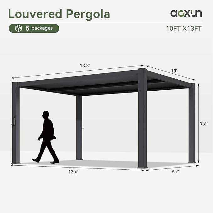 Aoxun Louvered Pergola 10' x 13' 96S Outdoor Metal Pergola with Adjustable Top for Decks, Gardens and Backyards, Easy Assembly via Structural Patent, Gray
