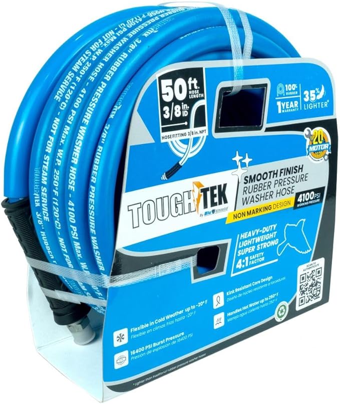 Tough-Tek TTPW3850-NM 3/8" x 50' Rubber Pressure Washing Hose: 4000 PSI, Heavy-Duty, Kevlar Reinforced, Kink-Resistant, Abrasion-Resistant, Hot & Cold Water, Commercial & Residential Use