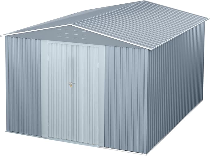 10x10 FT Outdoor Metal Storage Shed, Large Metal Storage Sheds with Sturdy Frame Structure, Garden Tool Shed with Lockable Door for Garden, Lawn, Backyard, Gray