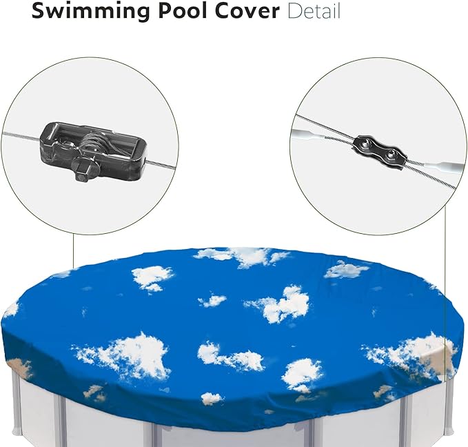 ECOOPTS 15 ft Waterproof Round Polyester Pool Cover for Above Ground Pools, Swimming Pool Cover Protector Winter Safety Cover (Blue Sky)