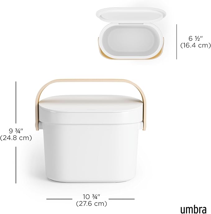 Umbra Bellwood Kitchen Compost Bin – White/Natural, Countertop or Cabinet Mounted, 6L Compost Container with Hidden Bag Retainer, BPA-Free & Dishwasher Safe| Bellwood Collection
