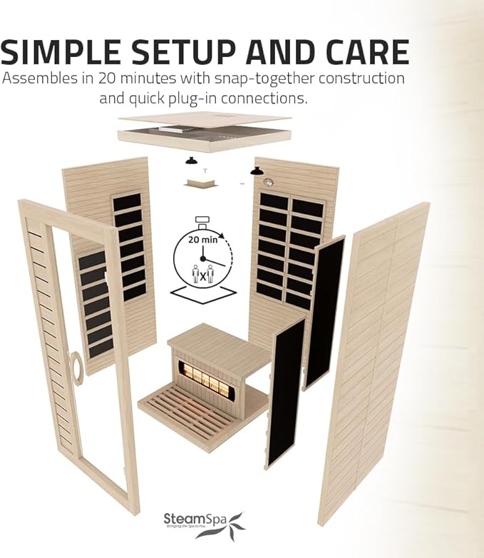 SteamSpa Home Sauna Room 1 Person Hemlock Wooden Indoor Sauna Spa - Bluetooth Speaker, FM, Oxygen bar, Heating Plate, Three Colors Lanterns, Touch Control Panel Temperature