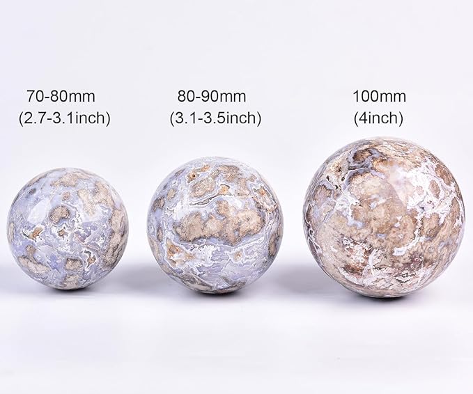 JIC Gem Large Blue Cherry Blossom Agate Crystal Ball with Stand Crystal Sphere Natural Sakura Flower Agate Stone Reiki Healing Meditation Witchcraft Home Decor 4 inch(100mm)