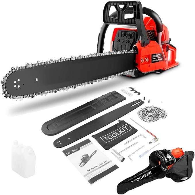 COOCHEER Gas Chainsaw Powered, Upgraded 62CC 3.5-HP 2-Cycle 20 Inch Chainsaw Gas with Carrying Bag & Tool Kit, Chainsaws Gas powered for Trees Wood Cutting and Tree Trimming(Limited Orange Version)