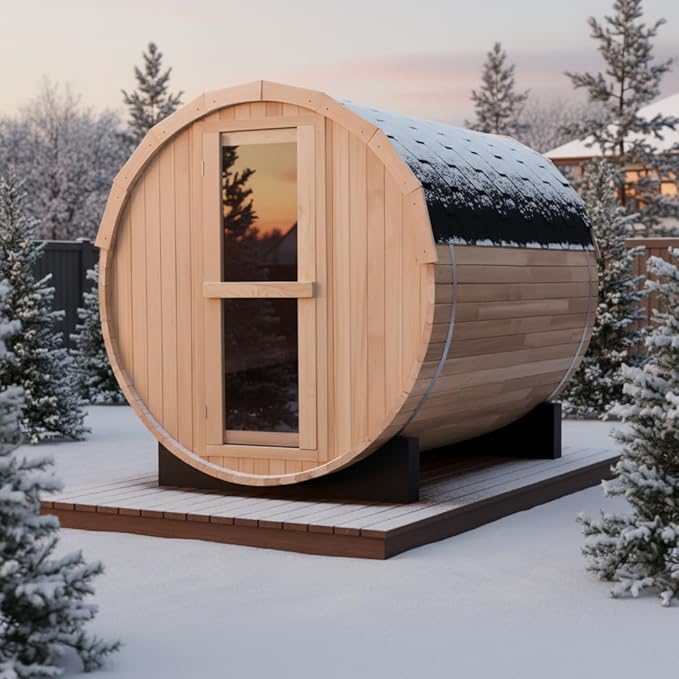 Outdoor Barrel Steam Sauna, 4-6 Person Wood Sauna Room with 220V，6kw Toule Sauna Heater with Sauna Stone, Canadian Helmock Wooden Sauna, Sauna Accessories and Asphalt Shingle Roof (Helmock)
