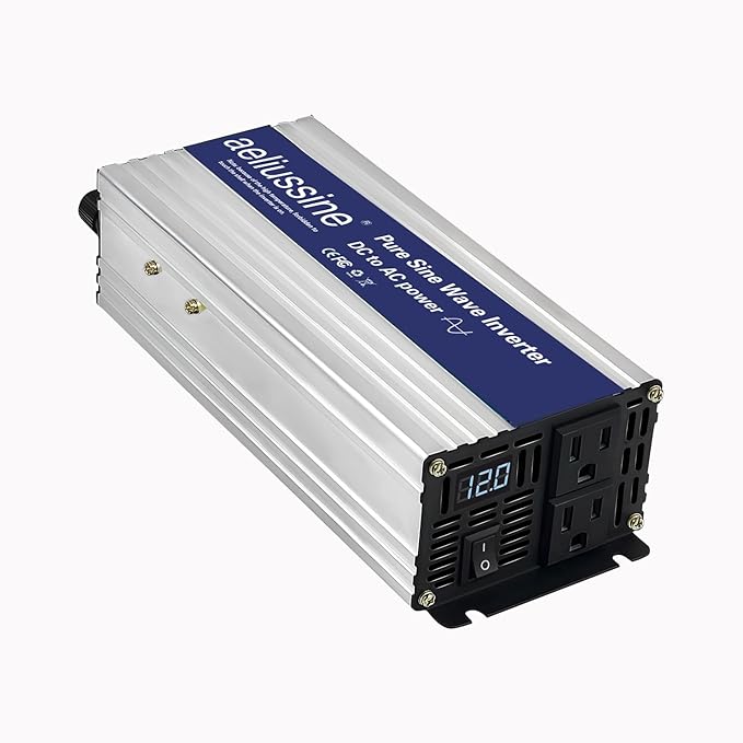1200W Pure Sine Wave Inverter-12V DC to 110V 120V AC Power Converter with 2 AC Outlets, 12 Volt Power Inverter for Truck, Rv, Camping, Home, Emergency Power