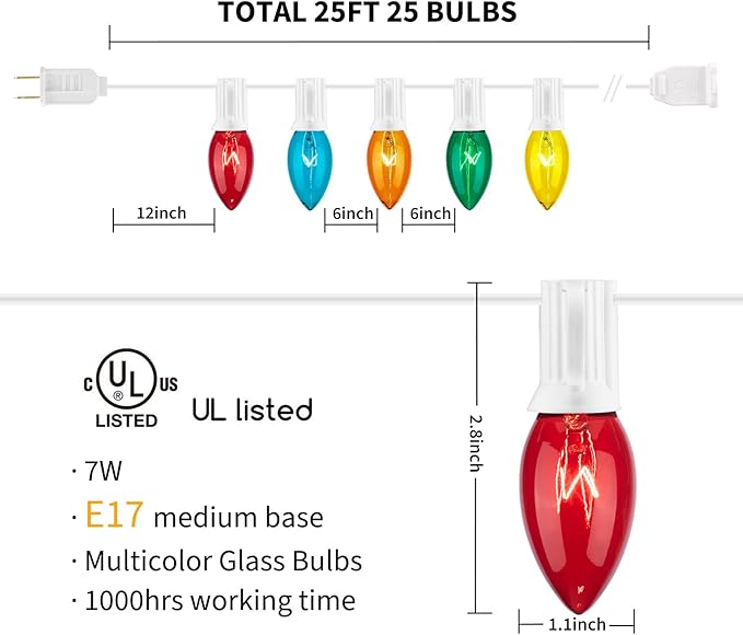 Minetom C9 Multicolor Christmas String Lights, 25FT 25+2 Bulbs Bright & Warm Outdoor Christmas Lights, Long Life C9 String Lights for Tree Patio Gazebo Wreath, Green Wire