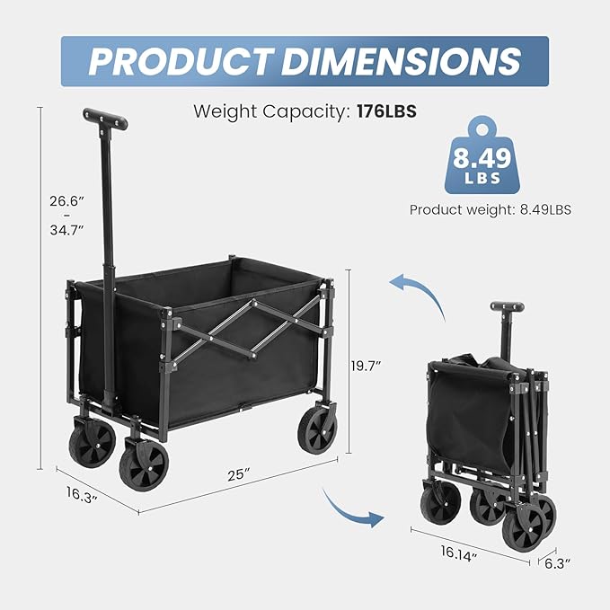 DUMOS Collapsible Wagon with Wheels, 176 lbs Wagons Carts Foldable Wagon Cart with Flexible Handle, Lightweight Portable Folding Utility Grocery Shopping Cart for Grocery Sports Garden Camping