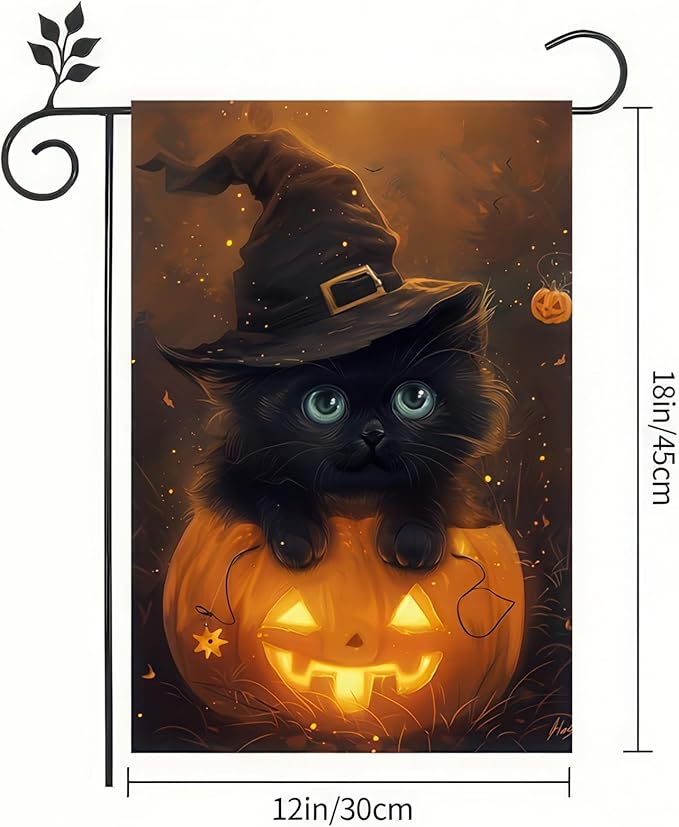 Halloween Garden Flag Black Cat Witch Hat Pumpkin Garden Flag Double Sided Vertical Welcome Flag Holiday Outdoor Yard Lawn Decorations 12x18 Inch