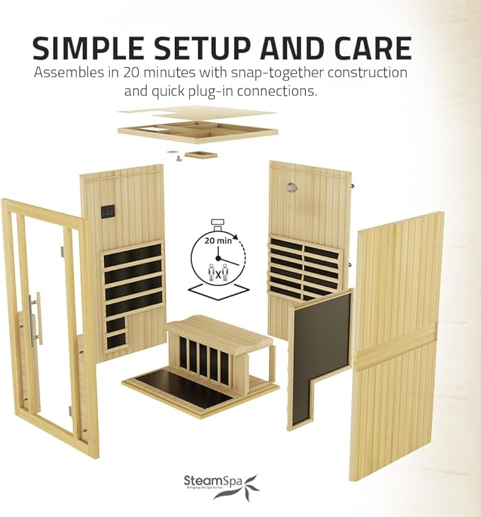 SteamSpa 1-2 Person Low EMF Carbon FAR Infrared Hemlock Wood and Tempered Glass Indoor Home Sauna Room with Redlight Heating Tube, LED Touch Control Panel, Color LED Therapy Light, Bluetooth Speaker