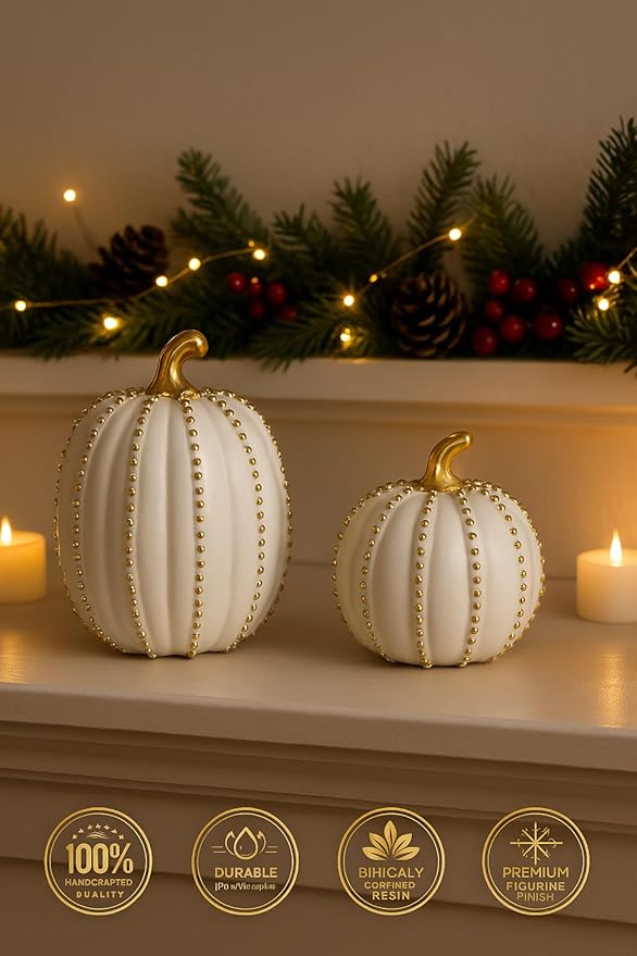 iStatue Set of 2 Decorative Pumpkins – Elegant Beaded Resin Fall Decorations, Thanksgiving Table Centerpiece, Autumn Home Decor, Glam Farmhouse Style (White)