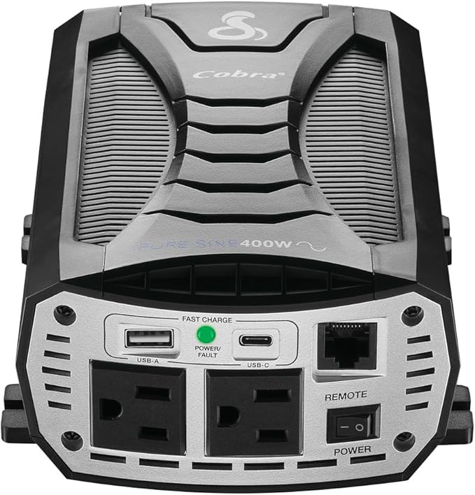 Cobra PURE SINE 400W Power Inverter, Portable – 400 Watt Car Charger, 2 Grounded AC Outlets, 2 Fast Charge USB Ports and Remote Controller (CPIALCDG1) Compatible